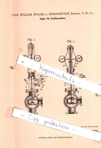 original Patent - Fred. William Spacke in Indianapolis , Indiana, V. St. A. , 1898 , Regler für Kraftmaschinen !!!