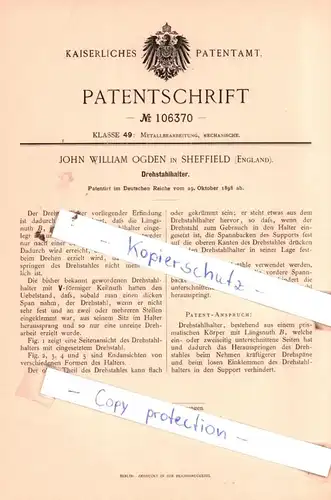 original Patent - John William Ogden in Sheffield , England , 1898 , Drehstahlhalter !!!