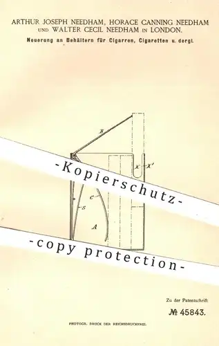 original Patent - Arthur Joseph + Horace Canning + Walter Cecil Needham , London  1888 , Behälter für Zigarren | Humidor