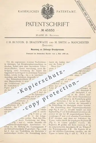 original Patent - J. H. Buxton , D. Braithwaite , M. Smith , Manchester , England , 1888 , Druckpresse | Zeitung , Druck