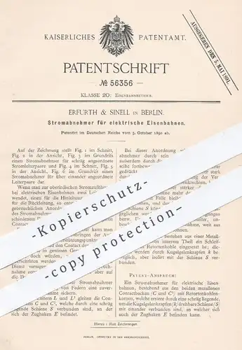original Patent - Erfurth & Sinell , Berlin , 1890 , Stromabnehmer für elektrische Eisenbahnen | Eisenbahn , Straßenbahn