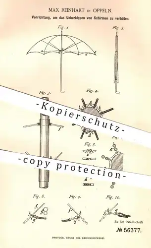 original Patent - Max Reinhart , Oppeln , 1890 , Verhindern des Überkippens vom Schirm | Sonnenschirm , Regenschirm !!