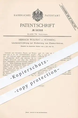 original Patent - Heinrich Wolpert , Nürnberg , 1890 , Glocke zur Sicherung von Zimmertüren | Tür , Türen , Klingel !!!