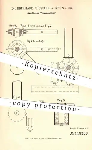 original Patent - Dr. Eberhard Gieseler , Bonn , 1899 , Akustischer Tourenanzeiger | Sirene , Pulsator , Karsten !!!