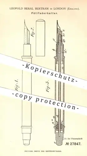 original Patent - Leopold Beral Bertram , London , England , 1884 , Füllfederhalter | Füller , Schreibfeder , Feder !!!