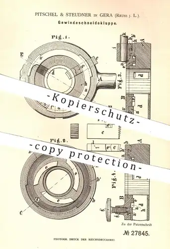 original Patent - Pitschel & Steudner , Gera , Reuss , 1883 , Gewindeschneidekluppe | Gewinde , Kluppe , Metall !!!