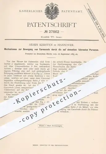 original Patent - Armin Kersten , Hannover , 1883 , Bewegung von Karussells | Karussell , Jahrmarkt , Schausteller !!!