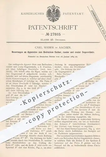 original Patent - Carl Weber , Aachen , 1884 , Bedrucken flacher, runder Gegenstände o. Flaschen | Druck , Druckerei !!!