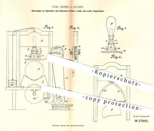 original Patent - Carl Weber , Aachen , 1884 , Bedrucken flacher, runder Gegenstände o. Flaschen | Druck , Druckerei !!!