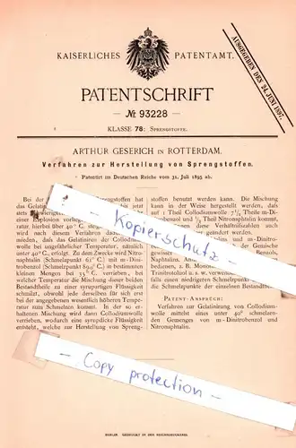 original Patent - Arthur Geserich in Rotterdam , 1895 , Verfahren zur Herstellung von Sprengstoffen !!!