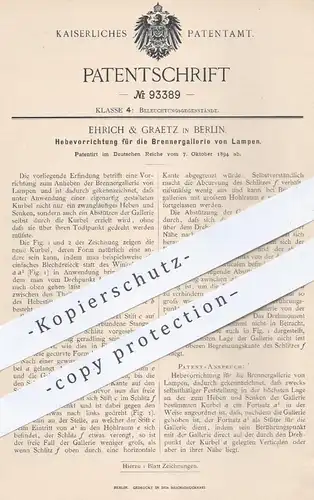 original Patent - Ehrich & Graetz , Berlin , 1894 , Hebevorrichtung für die Brennergalerie von Lampen | Brenner , Lampe