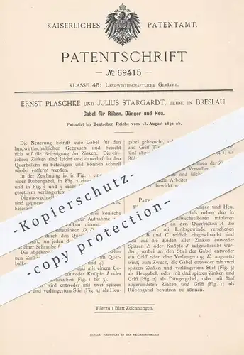 original Patent - Ernst Plaschke und Julius Stargardt in Breslau , 1892 , Gabel für Rüben , Dünger , Heu | Heugabel !!