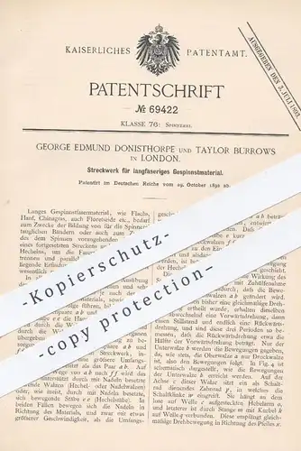 original Patent - George Edmund Donisthorpe , Taylor Burrows / London  1892 , Streckwerk für faseriges Gespinnstmaterial