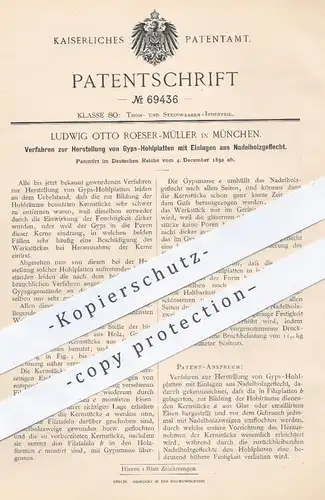 original Patent - Ludwig Otto Roeser - Müller , München , 1892 , Herstellung von Gips - Hohlplatten | Gipsplatten , Ton