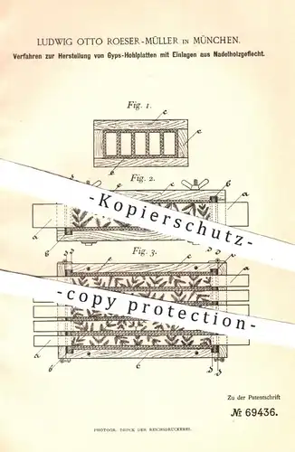 original Patent - Ludwig Otto Roeser - Müller , München , 1892 , Herstellung von Gips - Hohlplatten | Gipsplatten , Ton