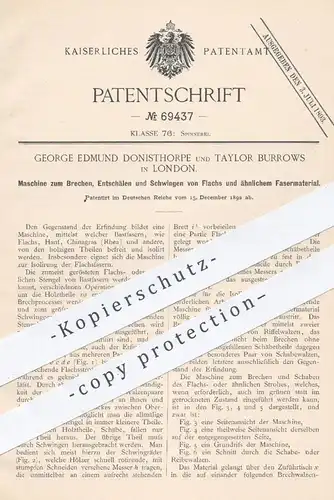 original Patent - George Edmund Donisthorpe , Taylor Burrows , London 1892 , Maschine zum Brechen u. Schälen von Flachs