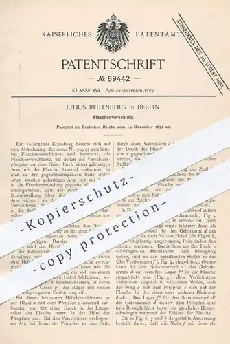 original Patent - Julius Reifenberg in Berlin , 1891 , Flaschenverschluss | Verschluss für Flaschen , Flasche | Pfropfen