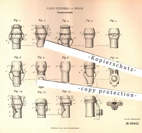original Patent - Julius Reifenberg in Berlin , 1891 , Flaschenverschluss | Verschluss für Flaschen , Flasche | Pfropfen