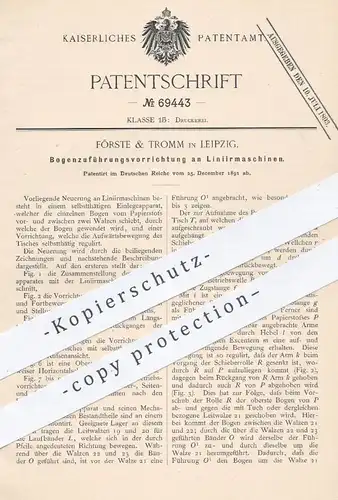 original Patent - Förste & Tromm , Leipzig , 1891 , Bogenzuführung an Liniermaschinen | Druckerei , Drucker , Druck !!!