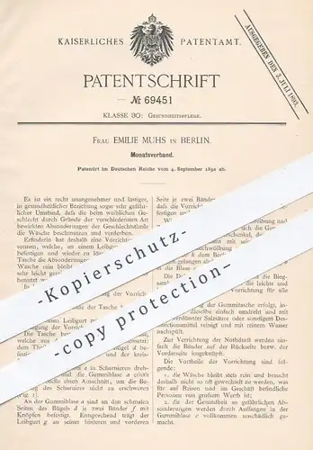 original Patent - Emilie Muhs , Berlin , 1892 , Monatsverband für Frauen | Verband , Binde , Hygiene , Medizin !!!