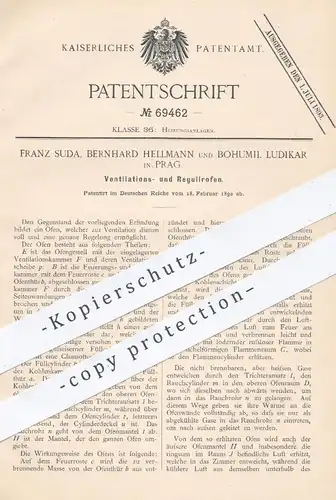 original Patent - Franz Suda , Bernhard Hellmann , Bohumil Ludikar / Prag 1892 , Ventilationsofen , Regulierofen | Ofen
