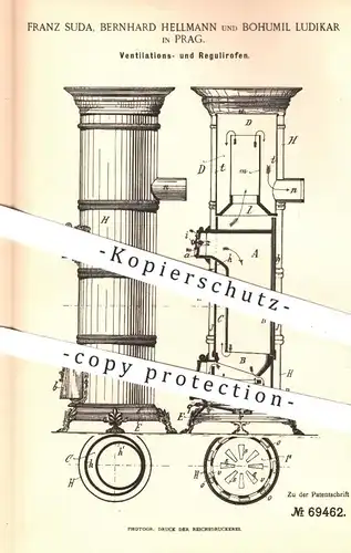 original Patent - Franz Suda , Bernhard Hellmann , Bohumil Ludikar / Prag 1892 , Ventilationsofen , Regulierofen | Ofen