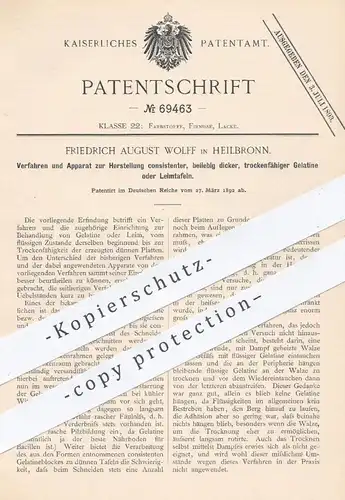 original Patent - Friedrich August Wolff , Heilbronn , 1892 , Herstellung von Gelatine o. Leimtafeln , Leim !!!