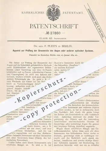 original Patent - Dr. med. F. Plehn , Berlin 1884 , Prüfung der Brennweite der Augen | Auge , Augenarzt , Optiker , Arzt