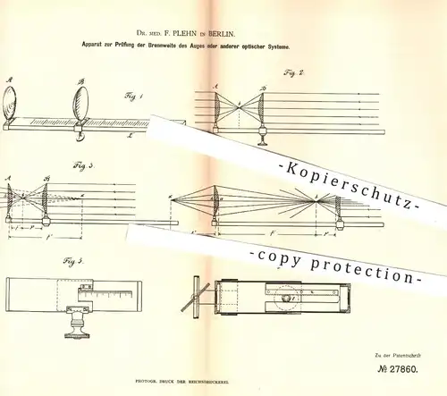 original Patent - Dr. med. F. Plehn , Berlin 1884 , Prüfung der Brennweite der Augen | Auge , Augenarzt , Optiker , Arzt