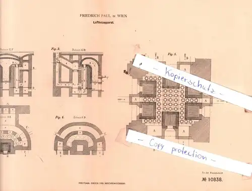 original Patent - Friedrich Paul in Wien , 1879 , Luftheizapparat !!!