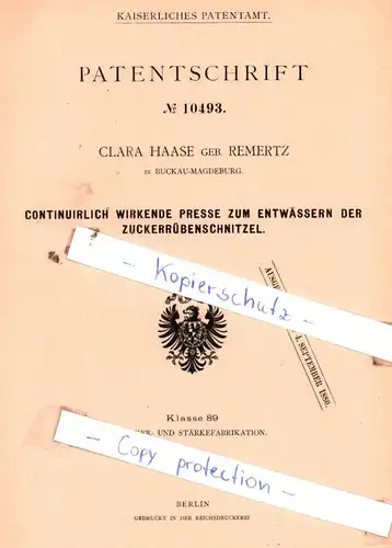 original Patent - Clara Haase in Buckau-Magdeburg , 1891 , Presse zum Entwässern der Zuckerrübenschnitzel !!!