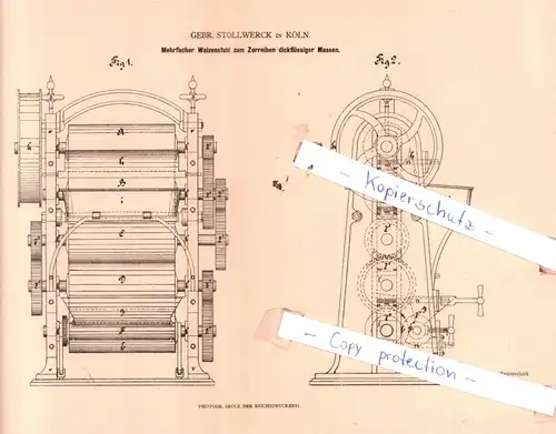 original Patent - Gebr. Stollwerck in Köln , 1880 , Walzenstuhl zum Zerreiben dickflüssiger Massen !!!