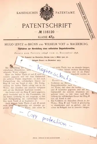 original Patent - H. Lentz in Brünn und W. Voit in Magdeburg , 1900 , Herstellung eines Doppelsitzventiles !!!
