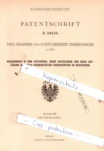 original Patent - Paul Magnier und Louis Frèdèric Doerflinger , 1879 , Neuerungen in dem Verfahren, Seide aufzulösen !!!