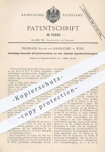 original Patent - Ferdinand Ritter von Mannlicher , Wien , 1893 , Feuerwaffe mit Zylinderverschluss | Waffen , Militär