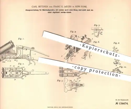 original Patent - Carl Bittner u. Franz E. Jaeger / New York , 1900 , Abzug für Mehrlauf - Gewehre , Waffen , Militär !!
