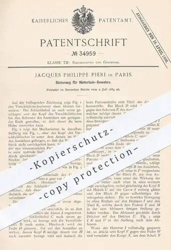 original Patent - Jacques Philippe Pieri , Paris , 1885 , Sicherung für Hinterlade- Gewehre | Gewehr , Waffen , Militär