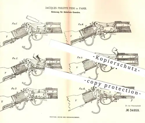 original Patent - Jacques Philippe Pieri , Paris , 1885 , Sicherung für Hinterlade- Gewehre | Gewehr , Waffen , Militär