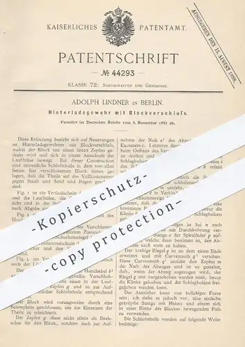 original Patent - A. Lindner , Berlin , 1887 , Hinterladegewehr mit Blockverschluss | Gewehr , Waffen , Jagd , Militär