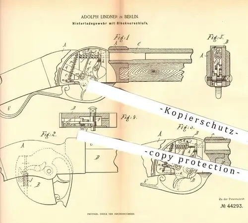 original Patent - A. Lindner , Berlin , 1887 , Hinterladegewehr mit Blockverschluss | Gewehr , Waffen , Jagd , Militär