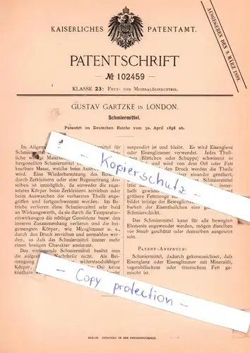 original Patent - Gustav Gartzke in London , 1898 , Schmiermittel !!!
