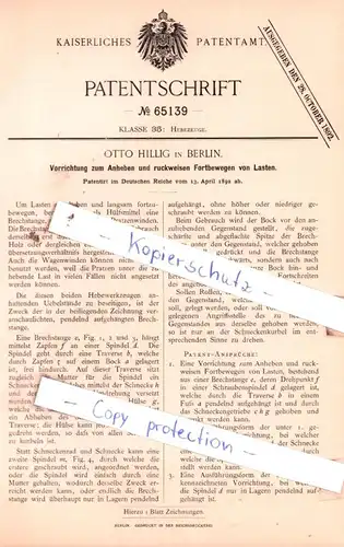 original Patent - Otto Hillig in Berlin , 1892 , Hebezeuge !!!