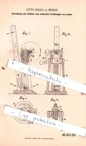 original Patent - Otto Hillig in Berlin , 1892 , Hebezeuge !!!