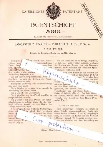 original Patent - Lancaster Z. Jenkins in Philadelphia , Pa., V. St. A. , 1892 , Pinselzwinge !!!