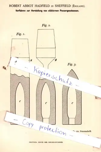 original Patent - Robert Abbot Hadfield in Sheffield , England , 1892 , Herstellung von Panzergeschossen !!!