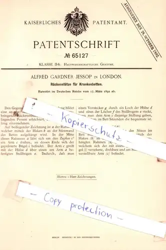 original Patent - Alfred Gardner Jessop in London , 1892 , Rückenstütze für Krankenbetten !!!