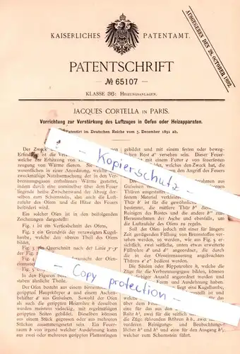original Patent - Jacques Cortella in Paris , 1891 , Heizungsanlagen !!!