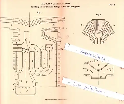 original Patent - Jacques Cortella in Paris , 1891 , Heizungsanlagen !!!