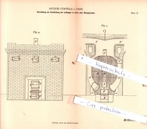 original Patent - Jacques Cortella in Paris , 1891 , Heizungsanlagen !!!