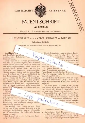 original Patent - Jules Cerpaux und Amèdèè Wilbaux in Brüssel , 1898 , Galvanische Batterie !!!
